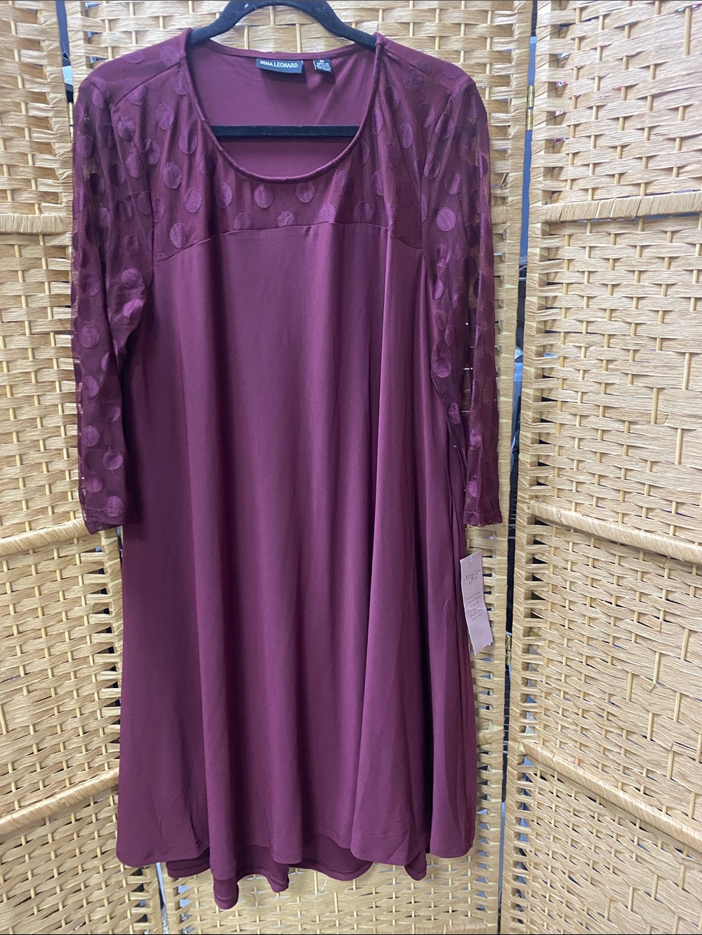 Nina Leonard Plum A-Line Dress with Polka-Dot Sheer Sleeves